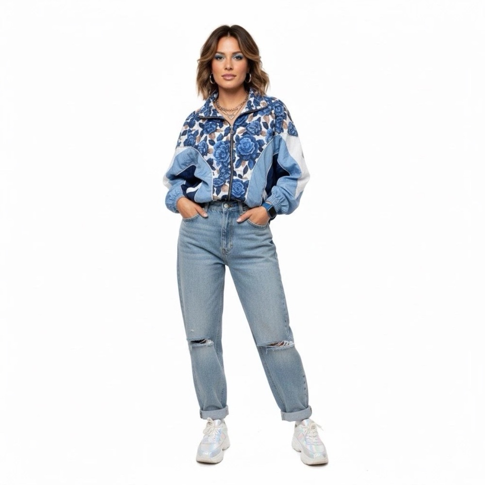Cabin Creek 90s Blue White Rose Vintage Retro Jacket Size Medium